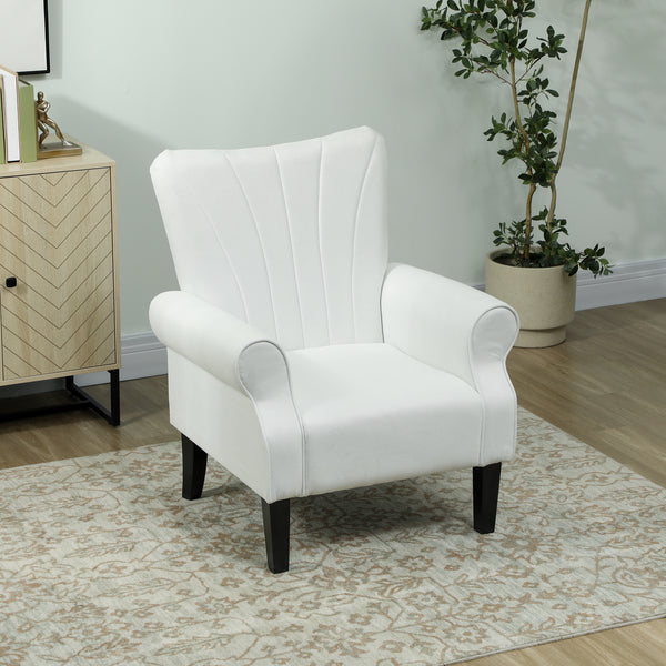 Modern fabric accent chair with wooden legs, cream white