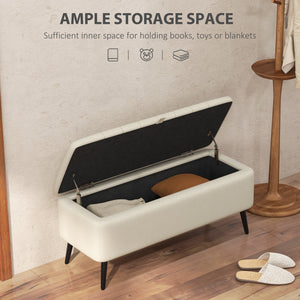 Linen Upholstered Storage Pouf with Steel Legs, Cream White