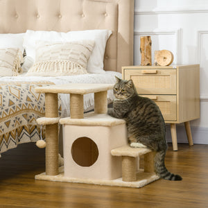 Cat stairs with scratching posts and ball toy, beige