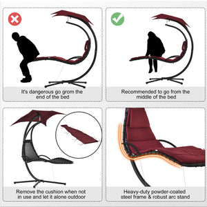 Outdoor Hammock Chair with Stand, Floating Chaise Lounge Chair with Soft Padded Cushion, Hanging Hammock Swing Reclining Seat with Canopy Umbrella, Wine Red