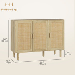 Bohemian buffet with 3 rattan doors and shelves, for living room or entryway, in oak.