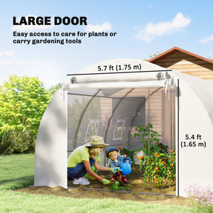 White heated tunnel greenhouse for plants with support bars