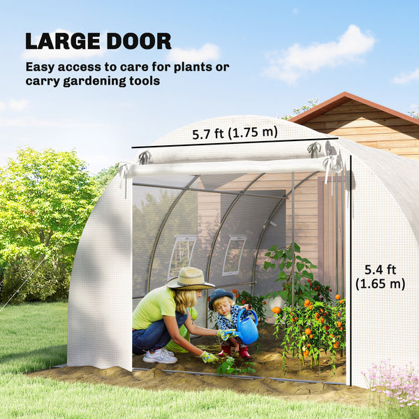 White heated tunnel greenhouse for plants with support bars