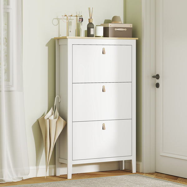 Narrow white and oak-effect shoe cabinet with 3 tilt drawers – 15 to 21 pairs