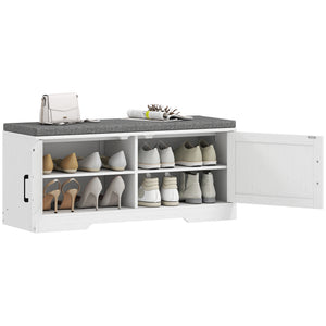 Entryway bench with shoe storage, adjustable shelves and cushion – White and grey