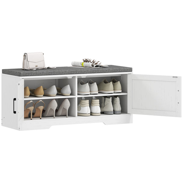 Entryway bench with shoe storage, adjustable shelves and cushion – White and grey