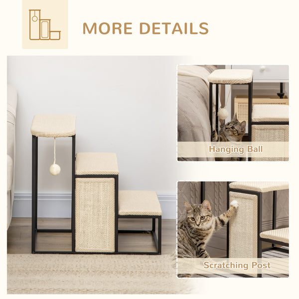 20" 3 Steps Cat Stairs, Carpeted Ladder Ramp, Pet Steps with Scratching Board and Hanging Ball for Small Cats, Steel Frame, Cream White