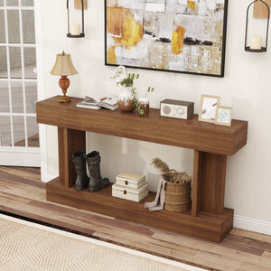 Vintage-style console table, narrow, with storage shelf, dark brown