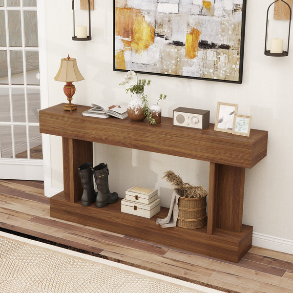 Vintage-style console table, narrow, with storage shelf, dark brown