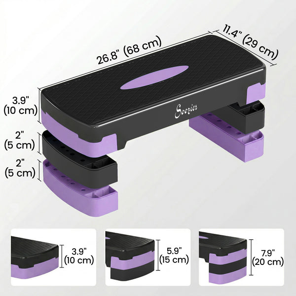 Adjustable Height Aerobic Step Platform (4", 6"/8"), with Risers, Purple