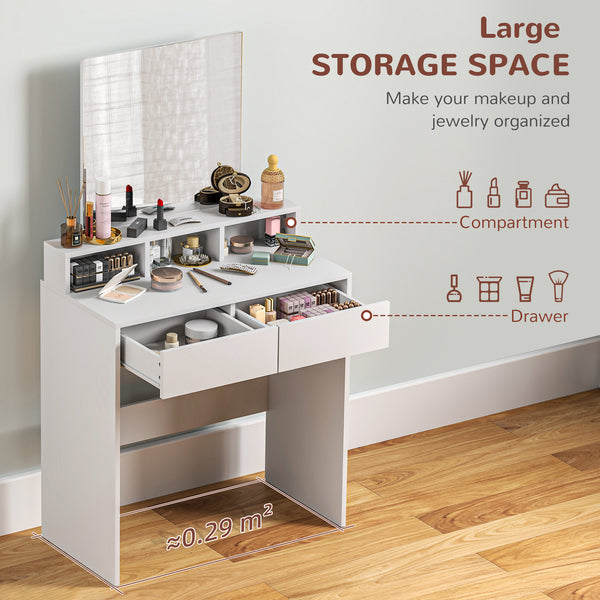 Dressing table with mirror, drawers and compartments, white