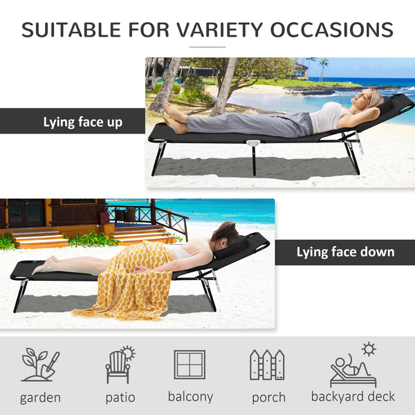 Chaise longue d'extérieur réglable avec trou pour le visage, siège inclinable pour bronzer, lit de plage pliant avec coussin de soutien, noir