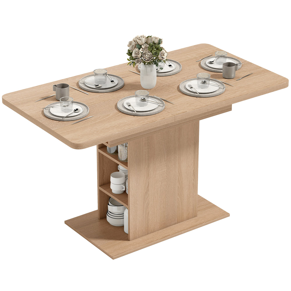 Extendable dining table for 4 to 6 people with 6 open shelves, in natural wood.