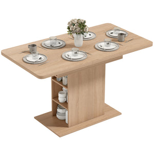 Extendable dining table for 4 to 6 people with 6 open shelves, in natural wood.