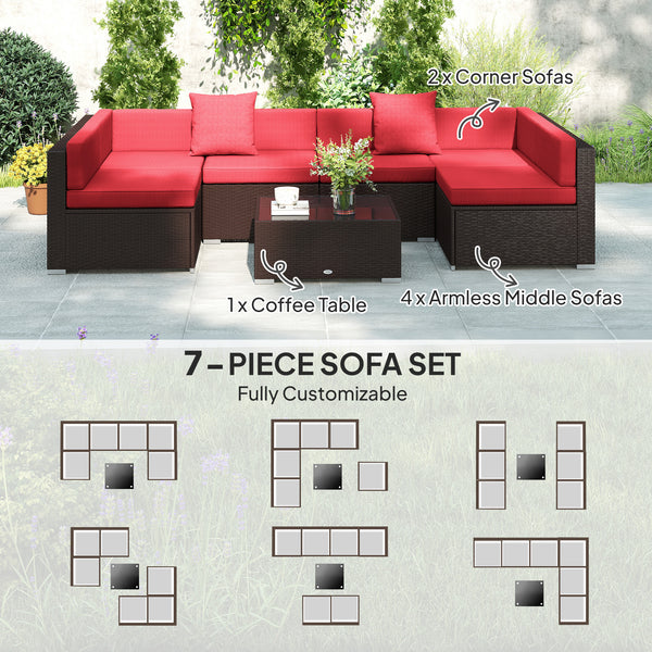 7 Piece Wicker Patio Sectional Set, Wine Red