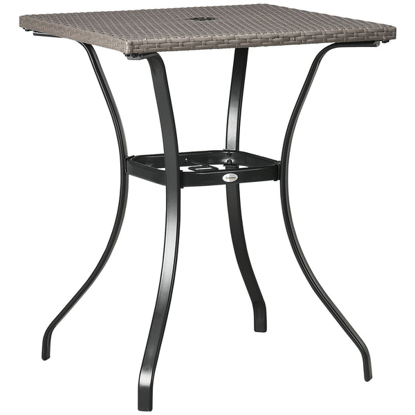 Outdoor coffee table in woven resin with a hole for a parasol, light grey