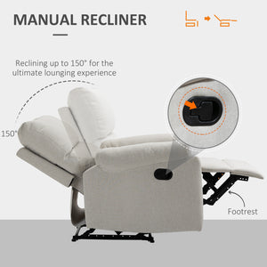 Manual recliner chair with footrest and upholstered seat, cream white