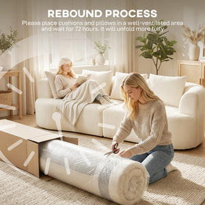 Three-seater sofa in chenille without frame, wide seat, spring cushions, high-density foam, 3 cushions, cream white