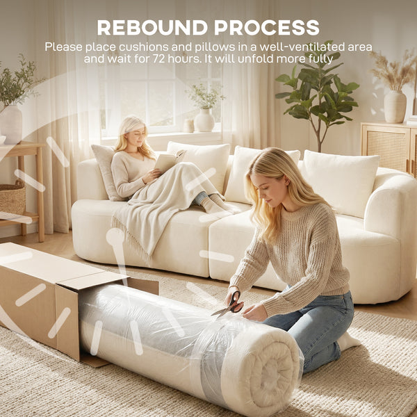 Three-seater sofa in chenille without frame, wide seat, spring cushions, high-density foam, 3 cushions, cream white
