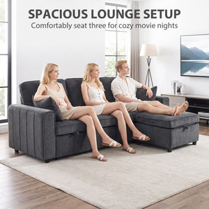 Modular sectional sleeper sofa with reversible storage ottoman with spring cushion, dark grey