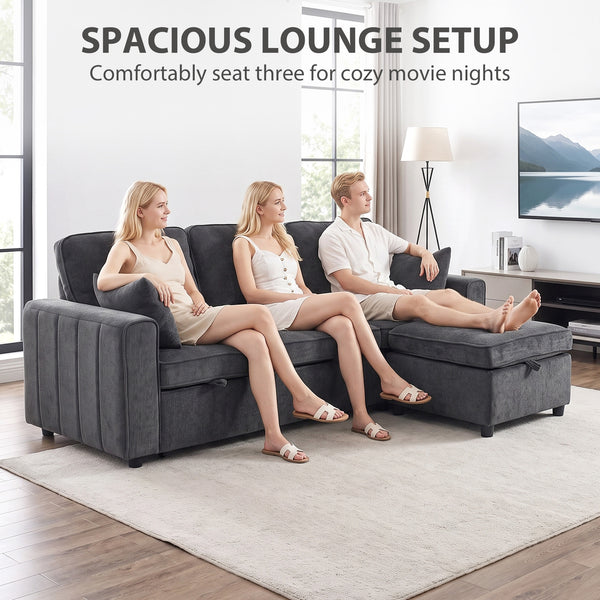 Modular sectional sleeper sofa with reversible storage ottoman with spring cushion, dark grey