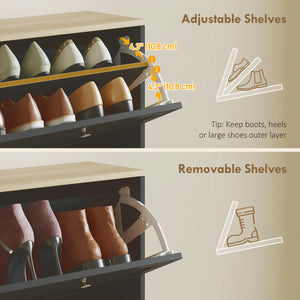 Modern shoe cabinet with 4 hinged drawers and adjustable shelves, for 18 to 24 pairs of shoes, black