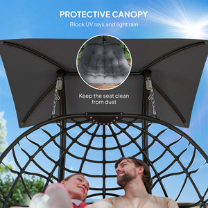 Double wicker swing chair with canopy, foldable and hanging, with headrest and cushion, gray