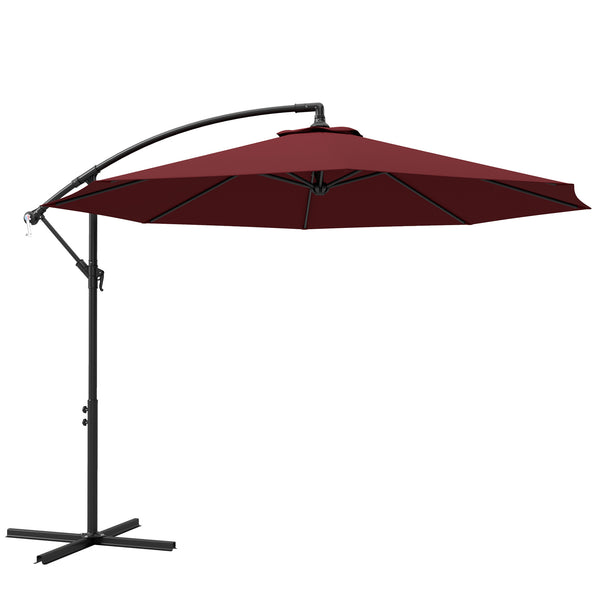 3m Hanging Garden Parasol, Offset, Banana, with Base and Crank, Wine Red