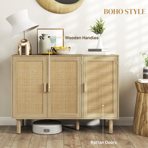 Bohemian buffet with 3 rattan doors and shelves, for living room or entryway, in oak.