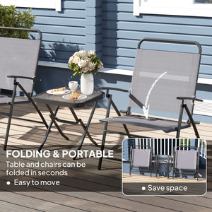 Folding bistro set with adjustable back chairs and glass-topped table, grey