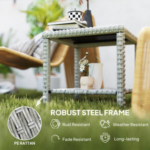 48cm Outdoor Wicker Coffee Table with Glass Top and Storage Shelf for Garden, Porch, Balcony, Patio, Dark Grey