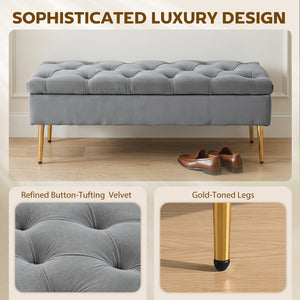 Ottoman storage bench, velvet tufted seat and gold legs – Gray and gold