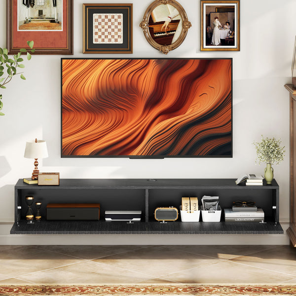 Floating wall-mounted TV unit for TVs up to 72 inches with 2 fluted drop-down doors, black
