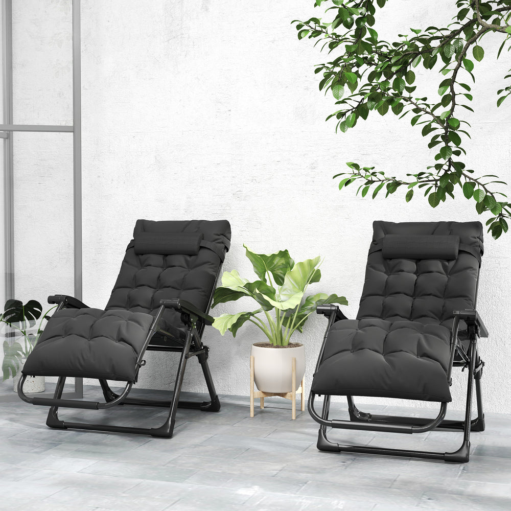 Set of 2 Folding Garden Chairs, Zero Gravity Reclining with Cushion and Headrest, Black