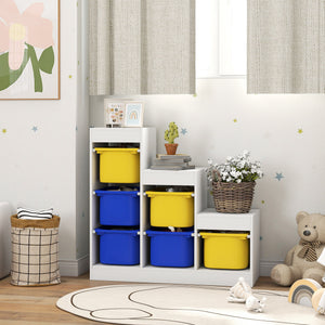 3-Tier Storage Shelf with 6 Plastic Bins, Yellow and Blue