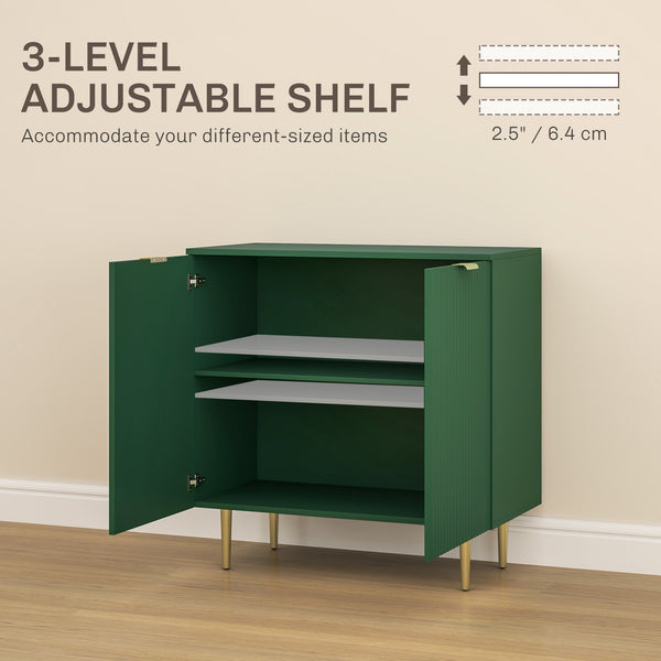 Modern kitchen storage cabinet with adjustable shelves and metal legs, green