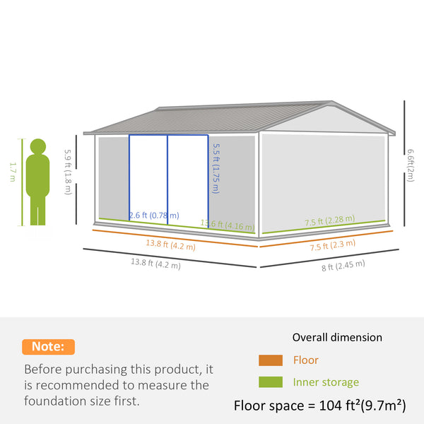 14' x 8' Galvanized Steel Garden Shed with Locking Doors and Vents, Gray