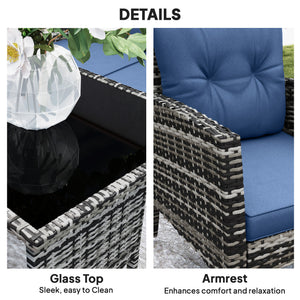 6 Piece Garden Furniture Set with Garden Chairs, Ottomans, Sofa, Glass Table and Cushions, Navy Blue