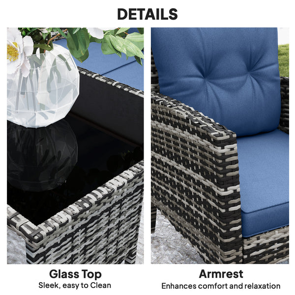 6 Piece Garden Furniture Set with Garden Chairs, Ottomans, Sofa, Glass Table and Cushions, Navy Blue