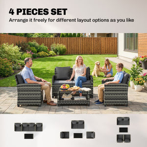 4-piece wicker resin conversation set with a two-seater sofa, chairs and a two-tier table with cushions, dark gray.