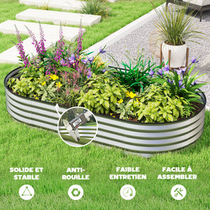 Jardinière d'extérieur surélevée en acier galvanisé avec tuteur en métal, couleur argent.