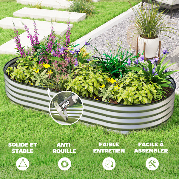 Jardinière d'extérieur surélevée en acier galvanisé avec tuteur en métal, couleur argent.