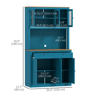 Storage cabinet with microwave space, sideboard with hutch, 2 drawers, adjustable shelves and glass doors, navy blue