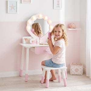 Children's vanity with light-up mirror, stool and 7 accessories, pink