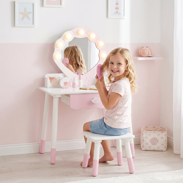 Children's vanity with light-up mirror, stool and 7 accessories, pink