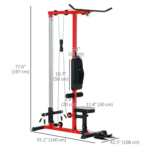 Vertical row machine with adjustable seat and retractable footrest, red