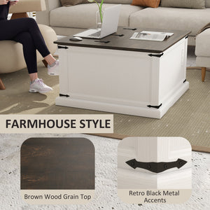Lift-top coffee table with charging station, country style with concealed storage, white wood look.