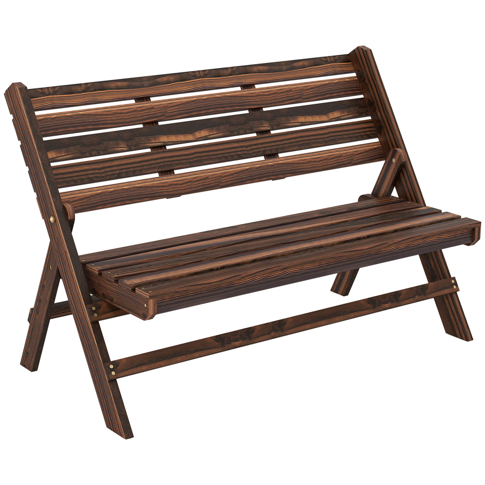 2-seater wooden outdoor bench with slatted back and seat, carbonized finish