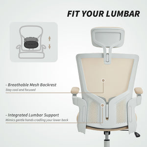 Ergonomic office chair with lumbar support and headrest, beige