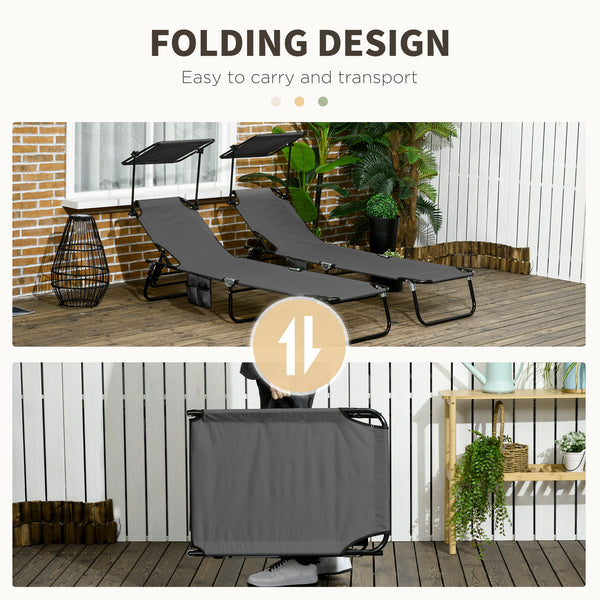 Set of 2 reclining sun loungers with parasol for beach and terrace, dark grey